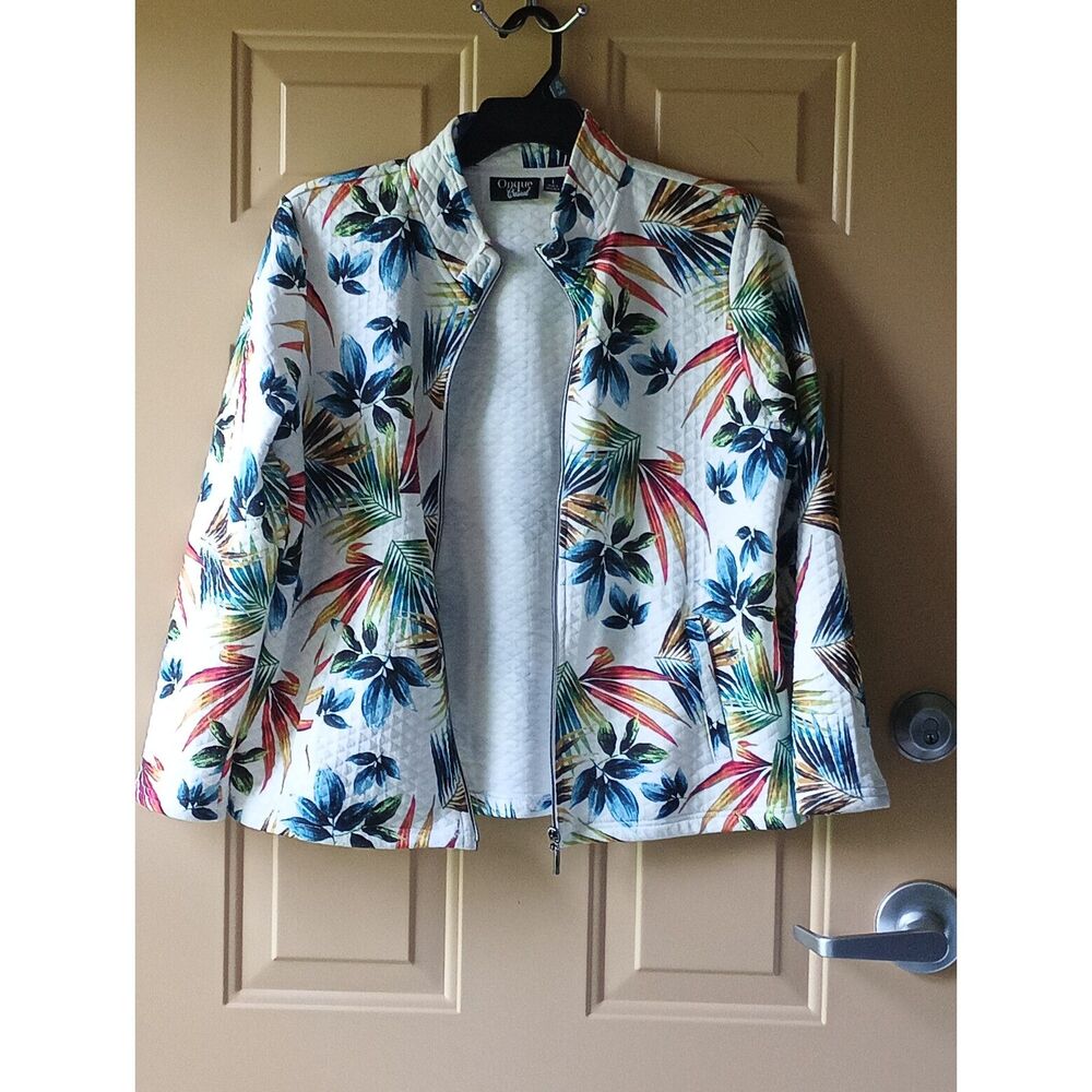 Onque Casual Tropical Floral Quilted Zip-Up Jacket, Large